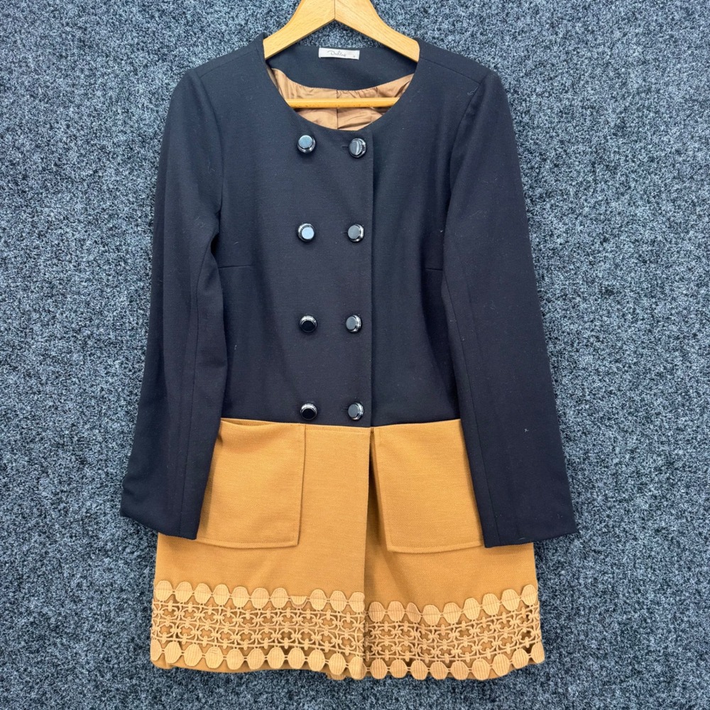 Darling London Black Mustard Yellow Colorblock Lace Trim Coat Jacket Size M